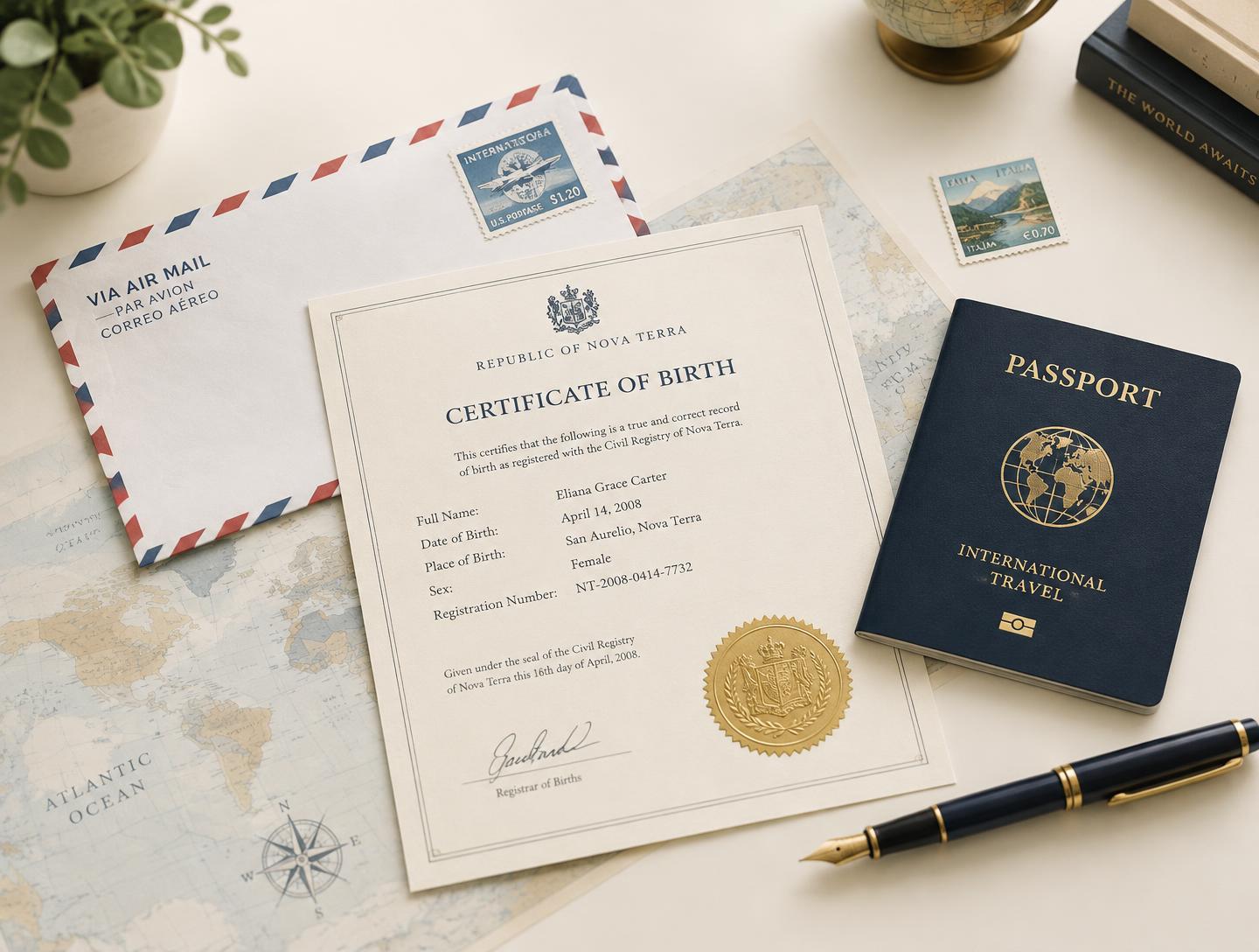 Birth certificate with gold seal beside an airmail envelope and passport for international use