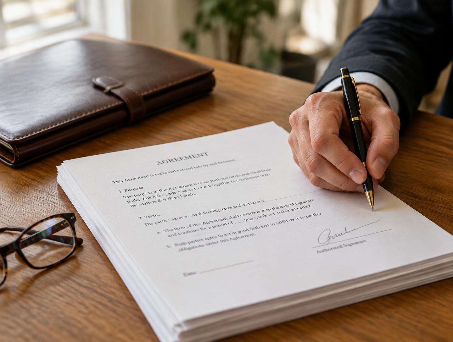 Close-up of a hand signing a stack of important documents