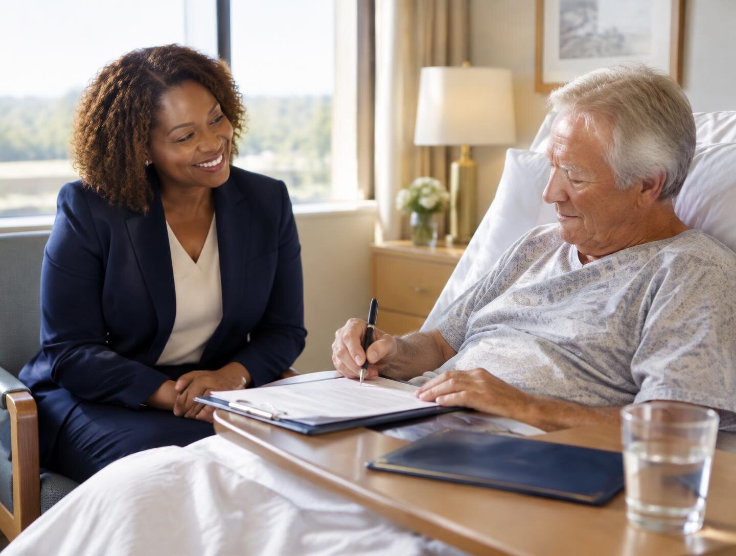 Notary seated beside a hospital bed, helping an elderly patient sign documents