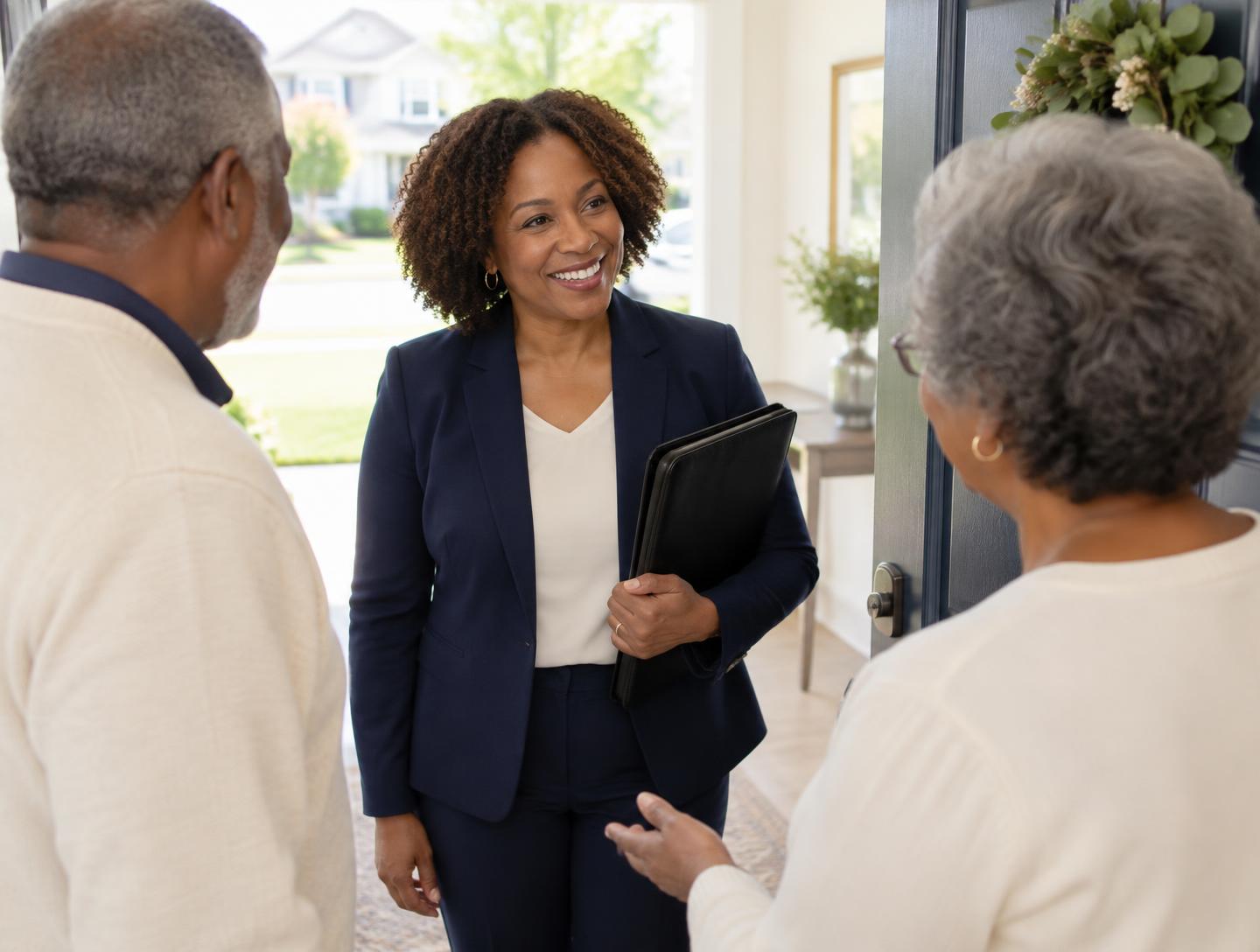 Mobile notary smiling and greeting an older couple at their front door