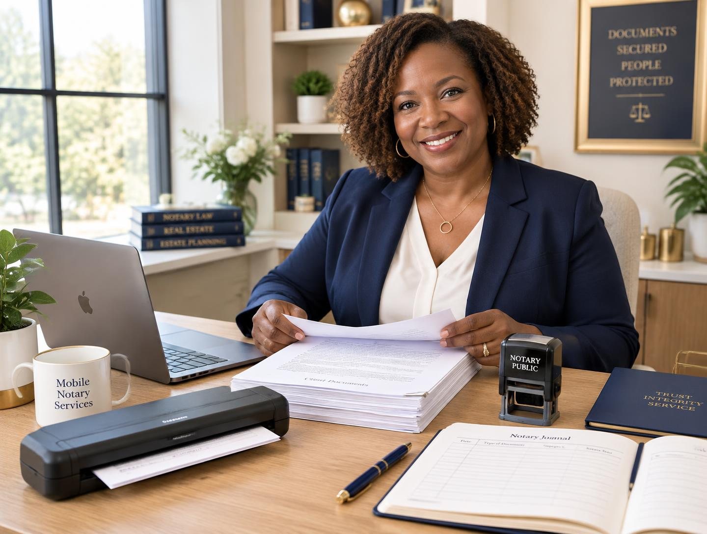 Notary preparing documents at her desk with laptop, printer and notary journal