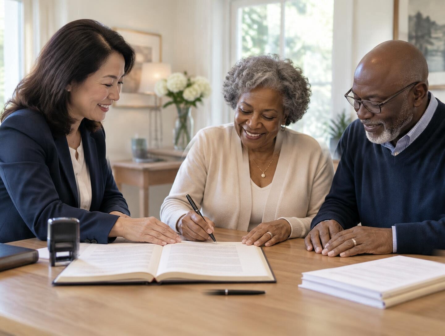 Notary seated across a table from a couple signing loan documents, with her notary stamp and journal on the table