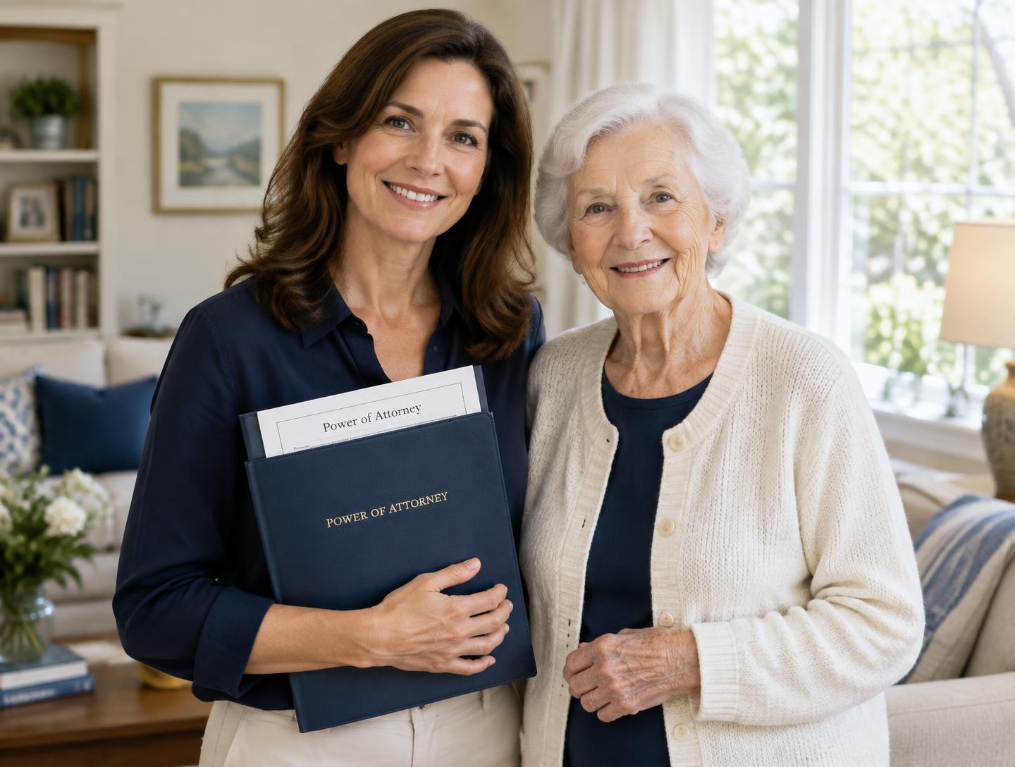 Adult daughter standing beside her elderly parent holding a power of attorney folder