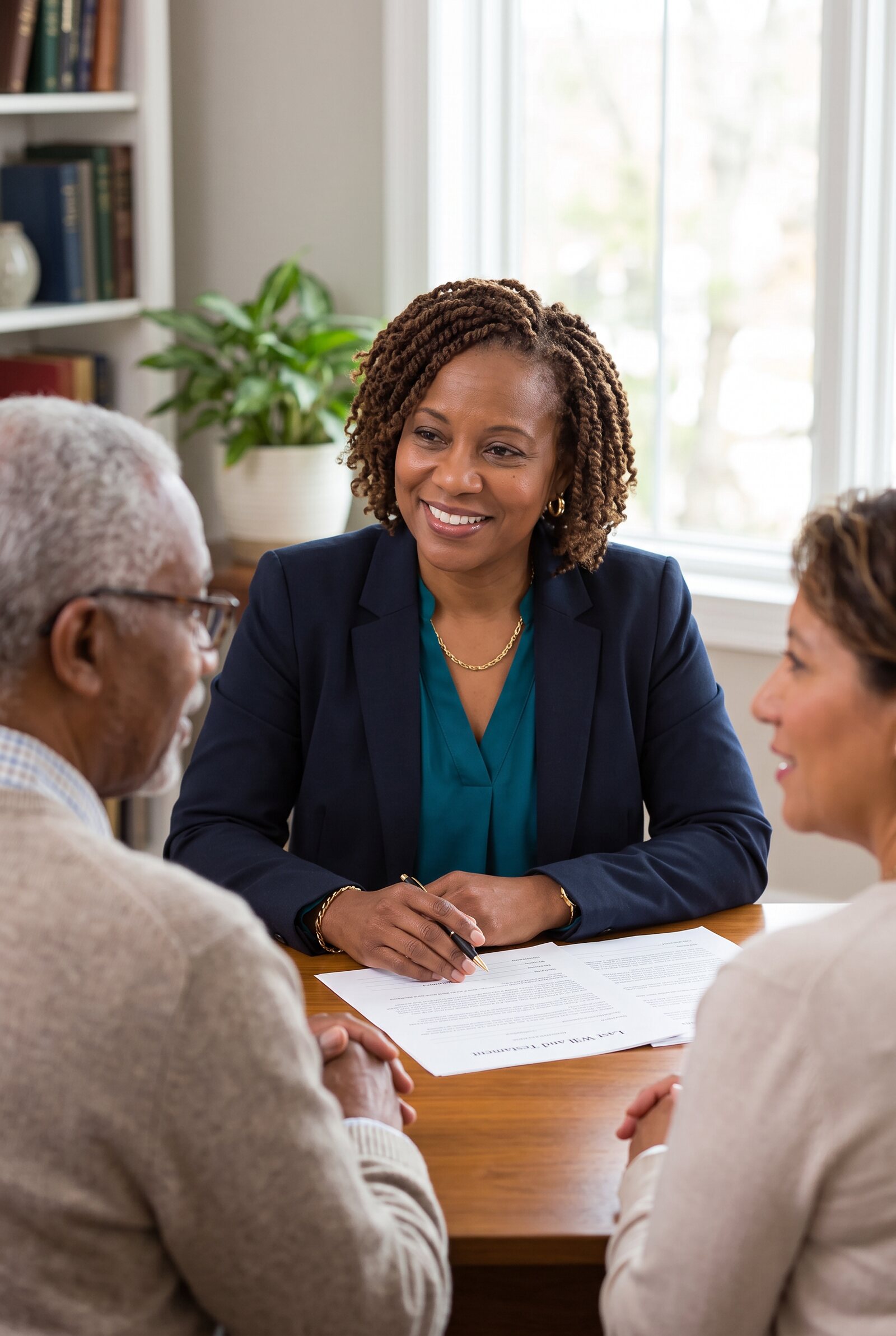 Senior couple reviewing estate planning documents with a notary at home